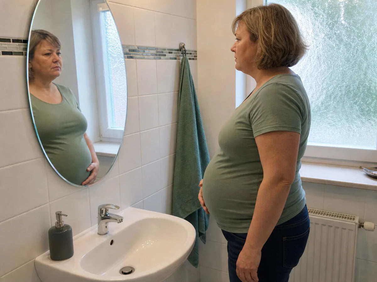 Femme de profil, une main sur le ventre