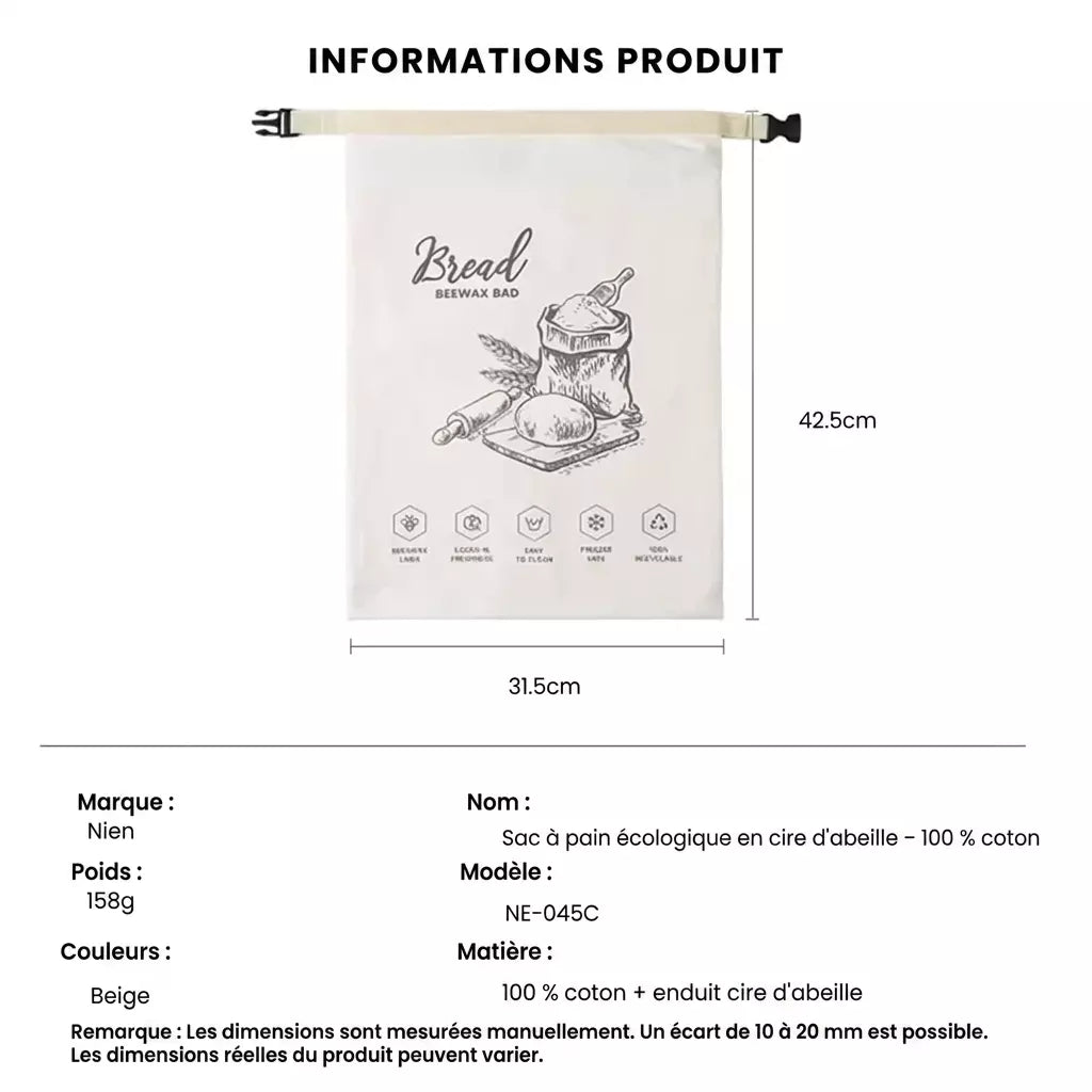 Sac à pain écologique en cire d'abeille – 100 % coton