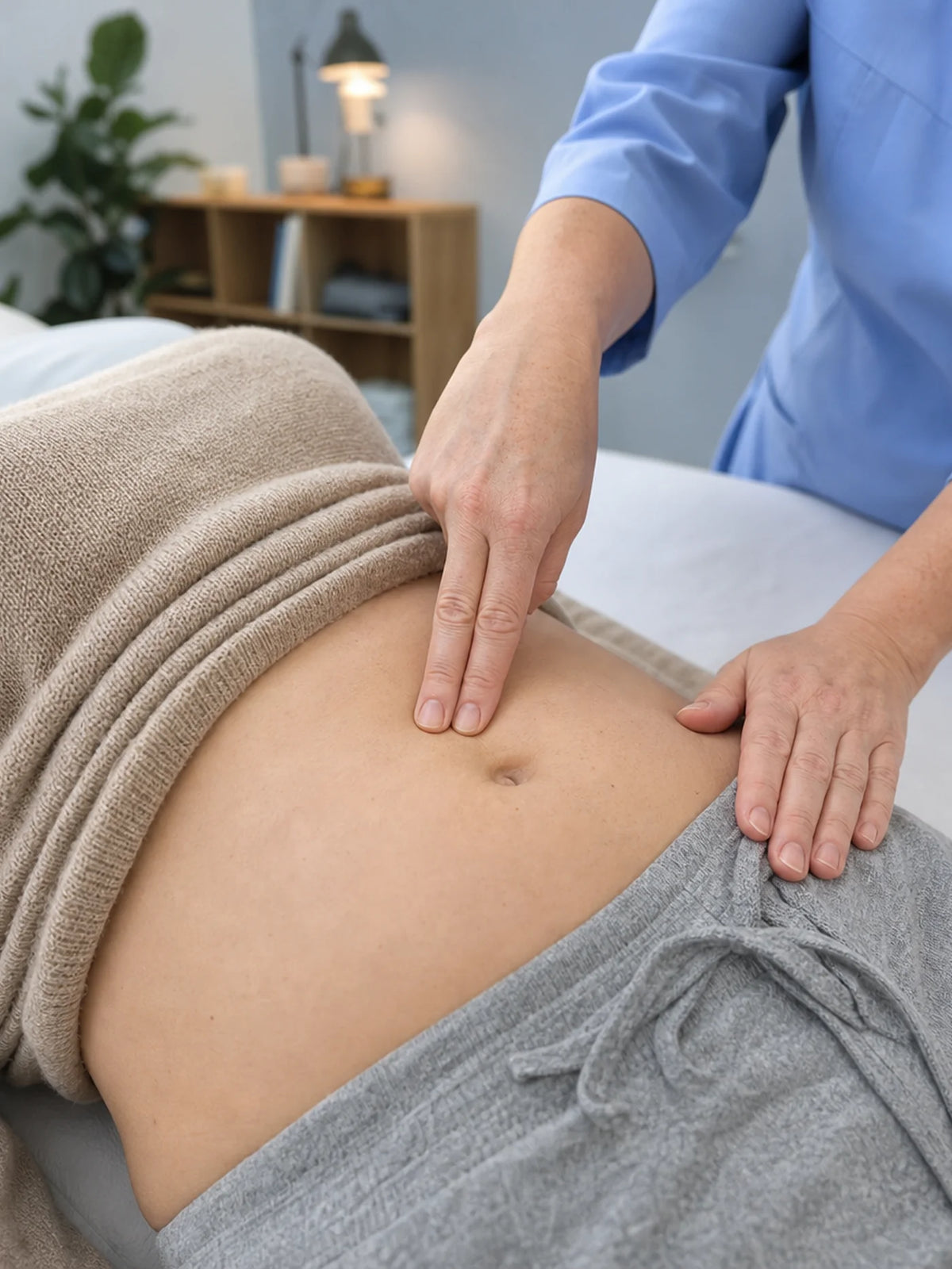 Deux doigts posés au-dessus du nombril pendant une consultation
