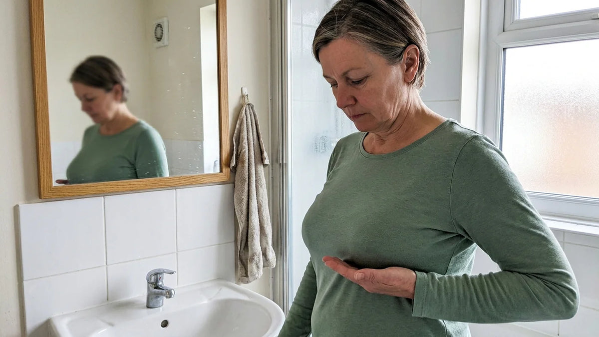 Femme qui soutient sa poitrine devant un miroir