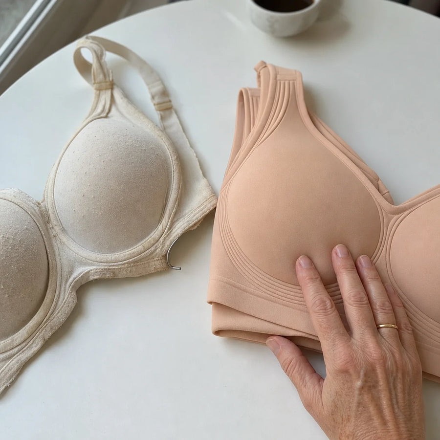 Un vieux soutien-gorge à armature à côté du soutien-gorge JellyFit