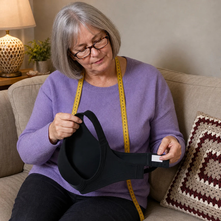 Femme qui vérifie la taille de son soutien-gorge