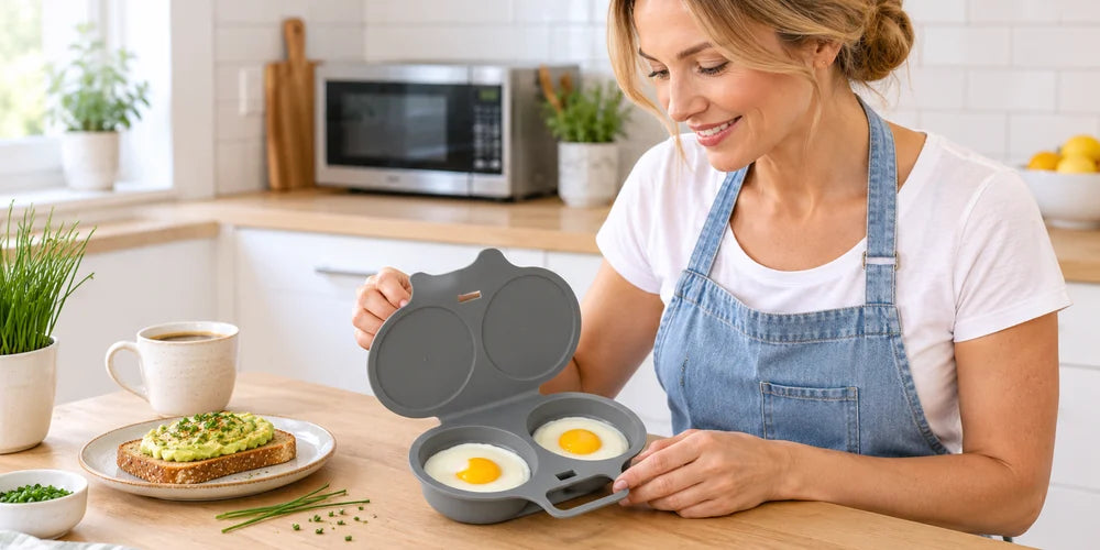 Pocheur d'œufs Ovio ouvert avec deux œufs au plat