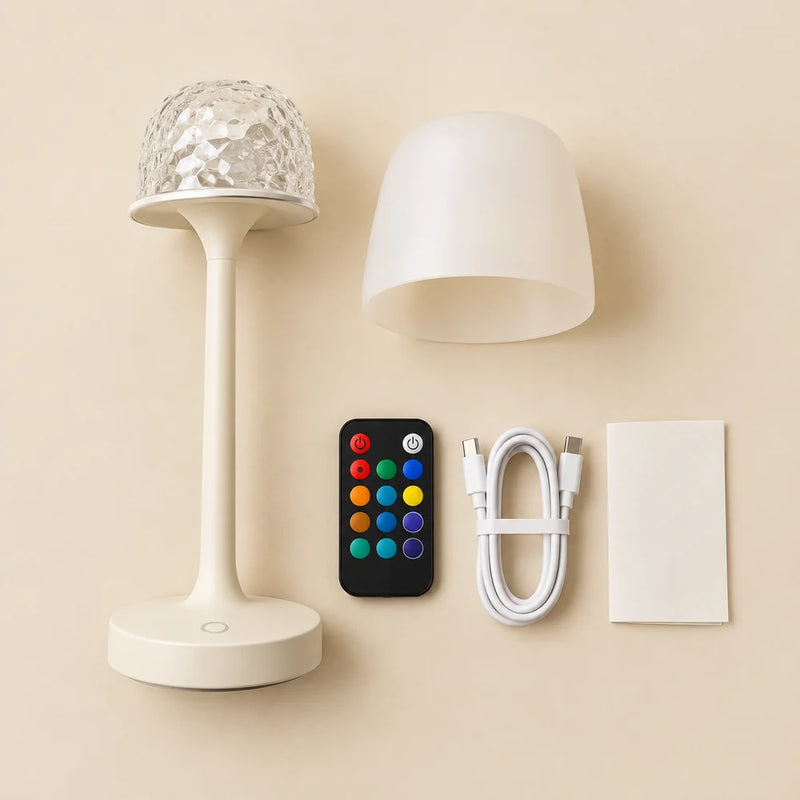 Le kit : lampe Aurora, dôme, télécommande, câble USB-C, guide